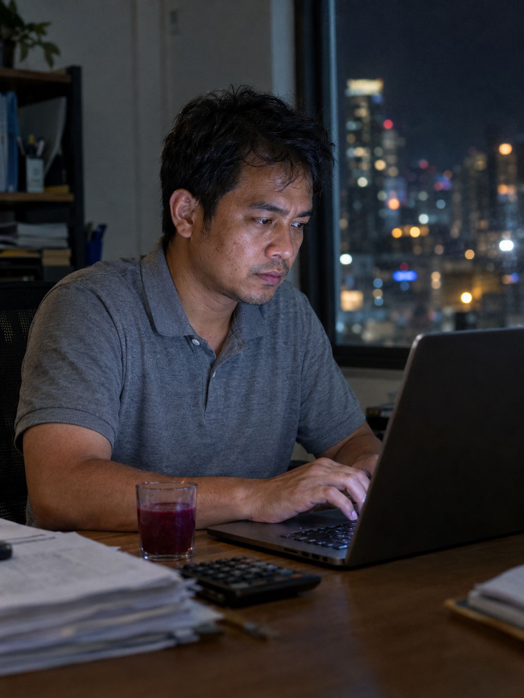 Pria bekerja dengan laptop di kantor pada malam hari
